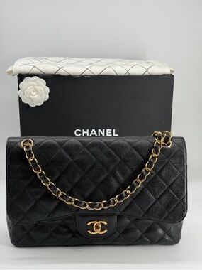 Chanel Jumbo Classic Flap Bag in Black Quilted Caviar Leather 2010-2011